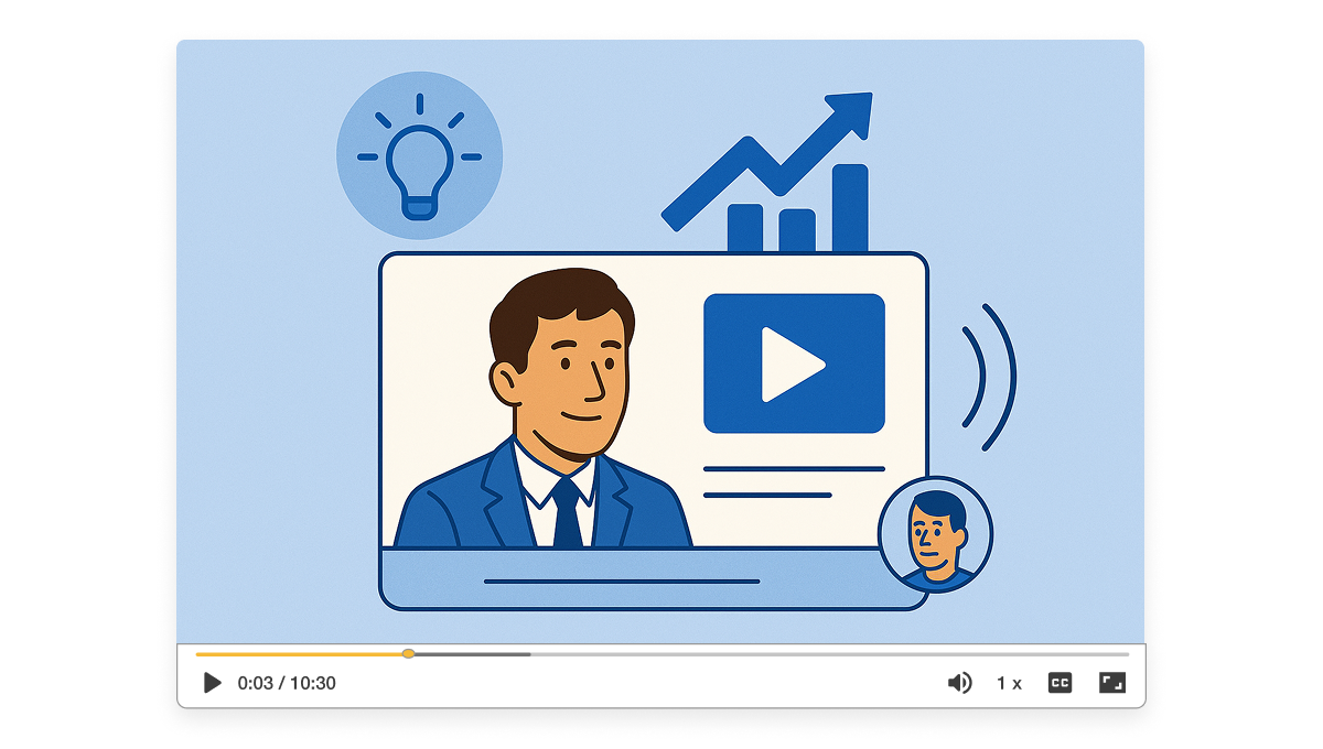 Illustration of a sales rep using Visla’s sales proposal video creator to pitch with facecam and charts.
